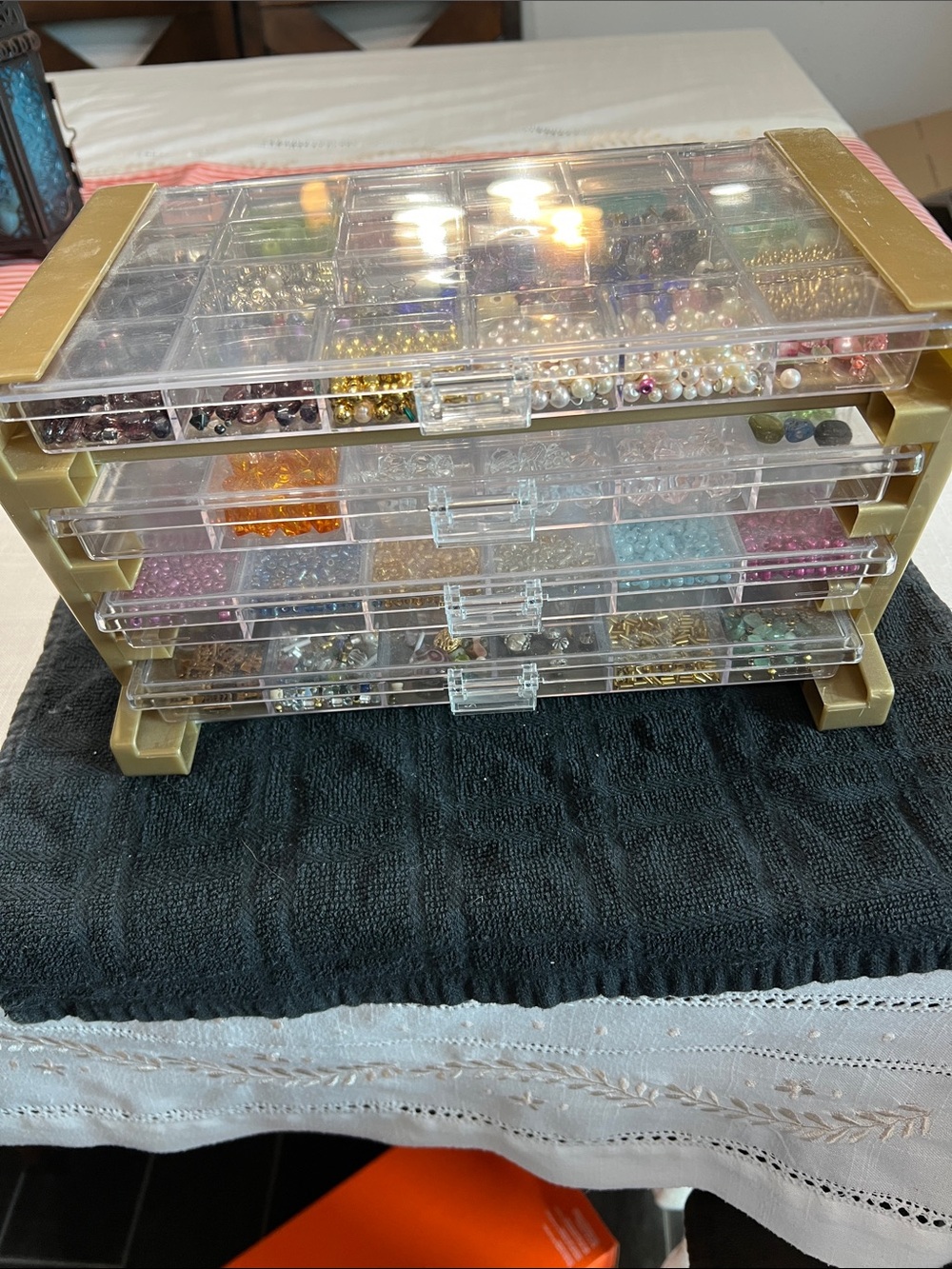 Bead Lot & Clear Stackable Jewelry Organizer with Gold Frame - Storage Drawers